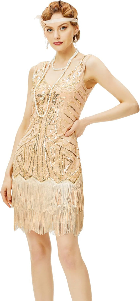 Women'S Flapper Dresses 1920S V Neck Beaded Fringed Great Gatsby Dress